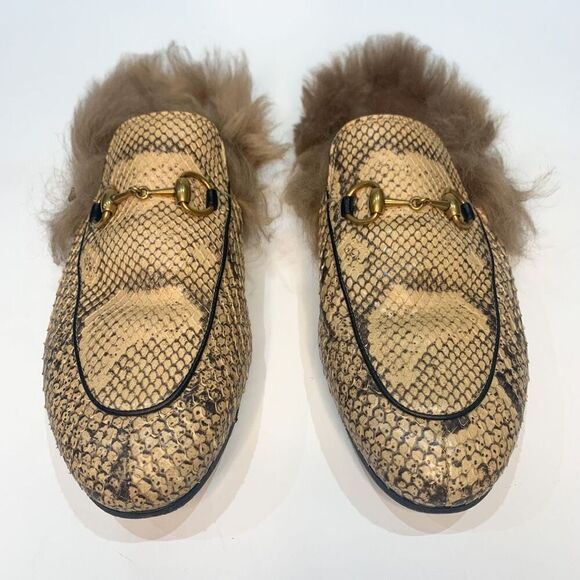 Gucci Princetown Fur Slipper EU 37 US 7 Python Print Horsebit Mule Loafer Flats - Picture 2 of 8